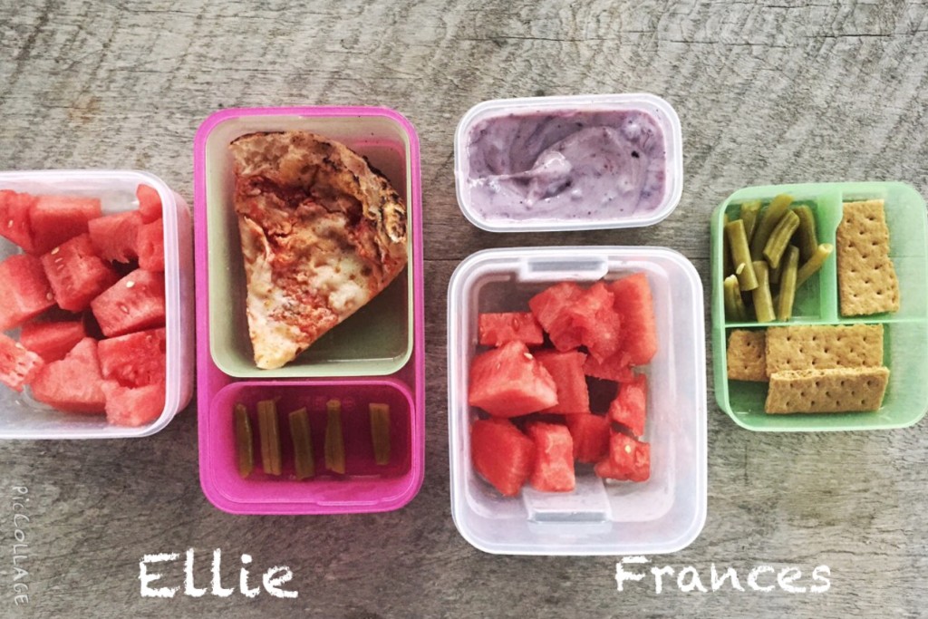 Ellie: leftover slice of cheese pizza from our fave spot in Birmingham, Vecchia, "5 green beans" (requested for them to be counted out), about 1 cup of watermelon cubes Frances: 1/2 cup yogurt, 1/2 cup watermelon, 1/3 cup canned, no-salt-added green beans, whole-grain graham cracker