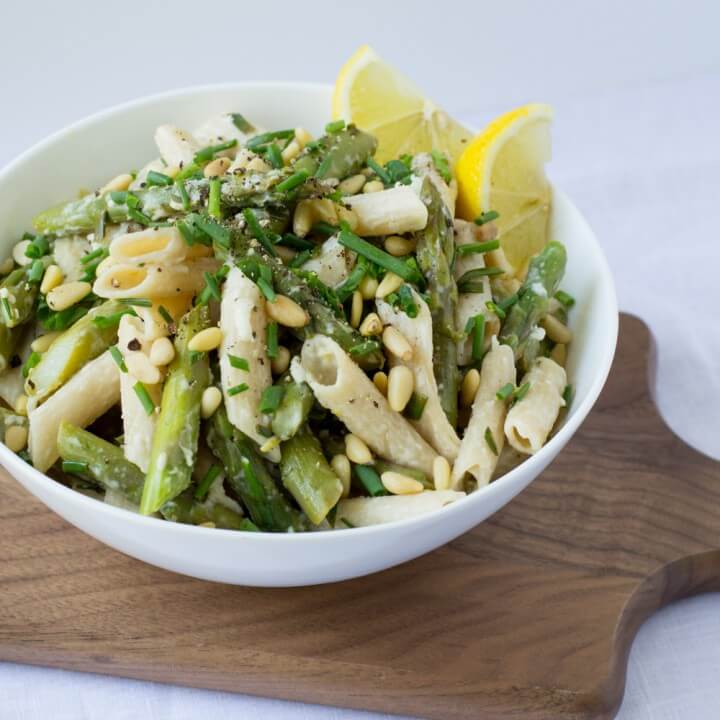 Asparagus Goat Cheese Lemon Pasta with Pine Nuts and Chives
