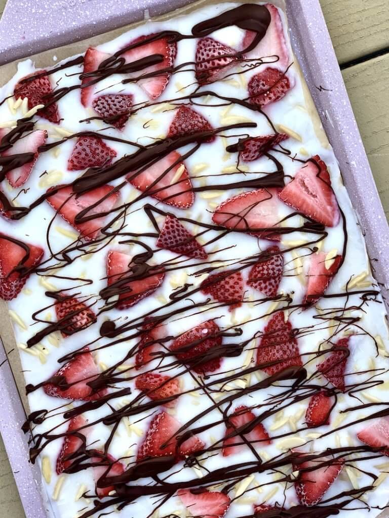 Frozen Yogurt Bark with Strawberries, Almonds and Chocolate